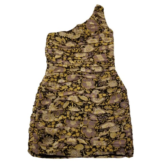 NWT Zara One Shoulder Dress Gold Pleated Floral Mini Ruched Bodycon Formal Dress - Picture 1 of 16